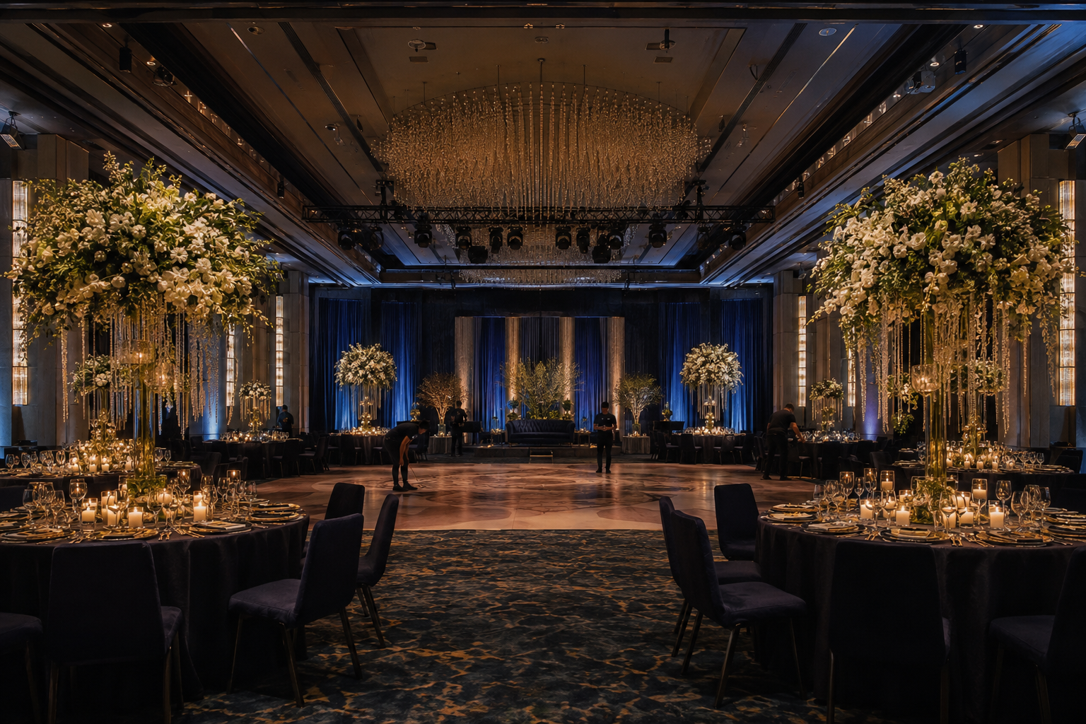Wedding banquet tables with tall floral arrangements