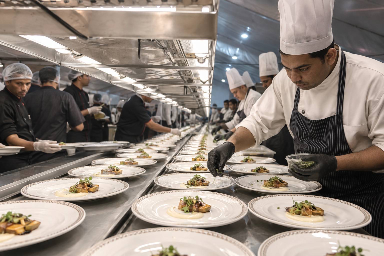 Catering team plating a long line of dishes