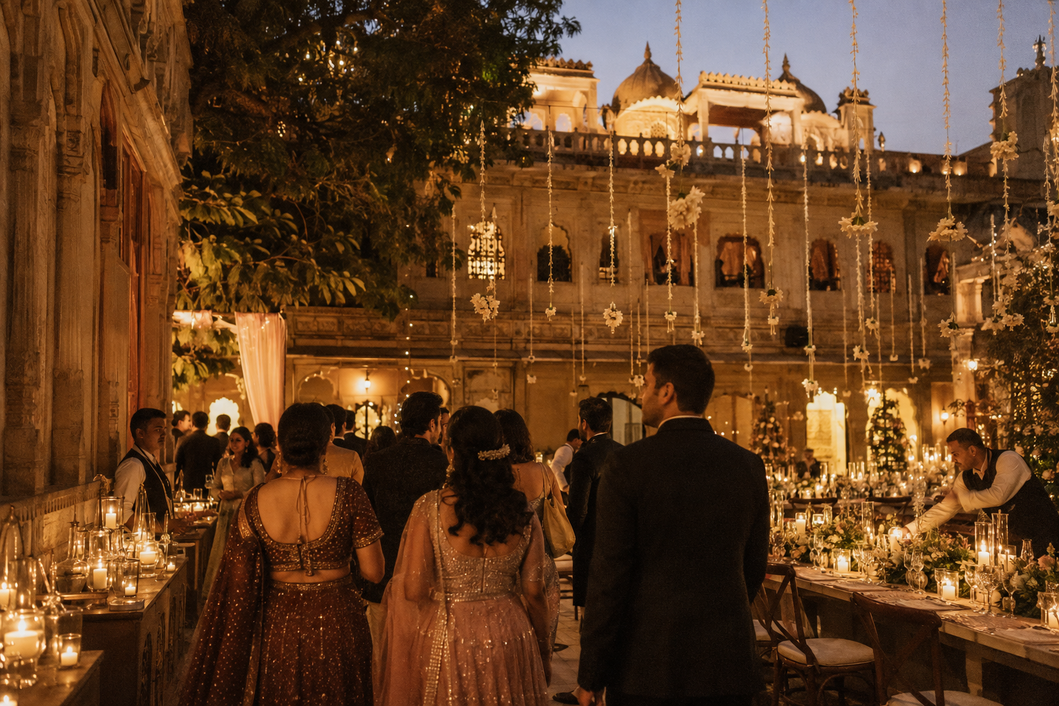 Wedding reception in a candlelit Udaipur courtyard